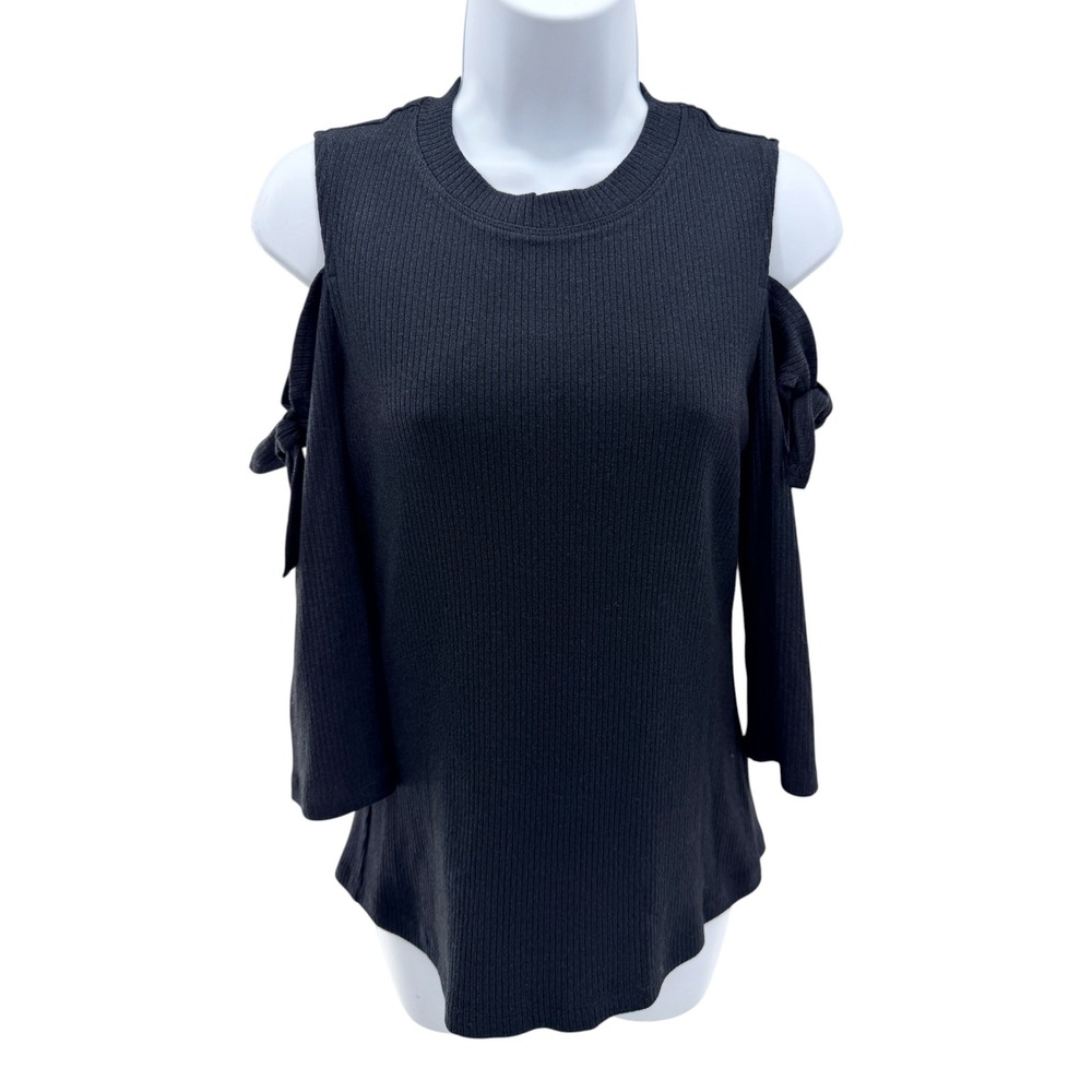 Rebecca Taylor Black Cold Shoulder Ribbed Knit Top Tie Sleeve Open Shoulder NWT